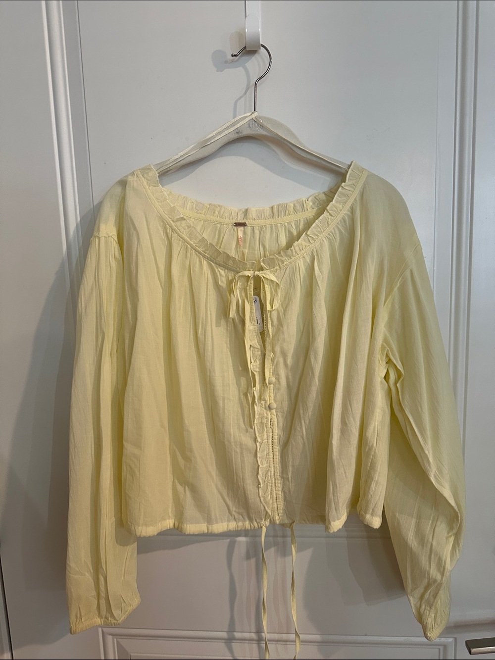 Free People Pale Yellow Peasant Blouse with Front Tie